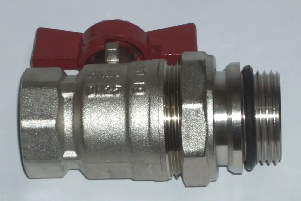 Kugelhahn mit rotem Griff und Gewinde zur Verbindung, geeignet für die Installation in Daikin Fußbodenheizungen. Metalloberfläche, robuste Bauweise.